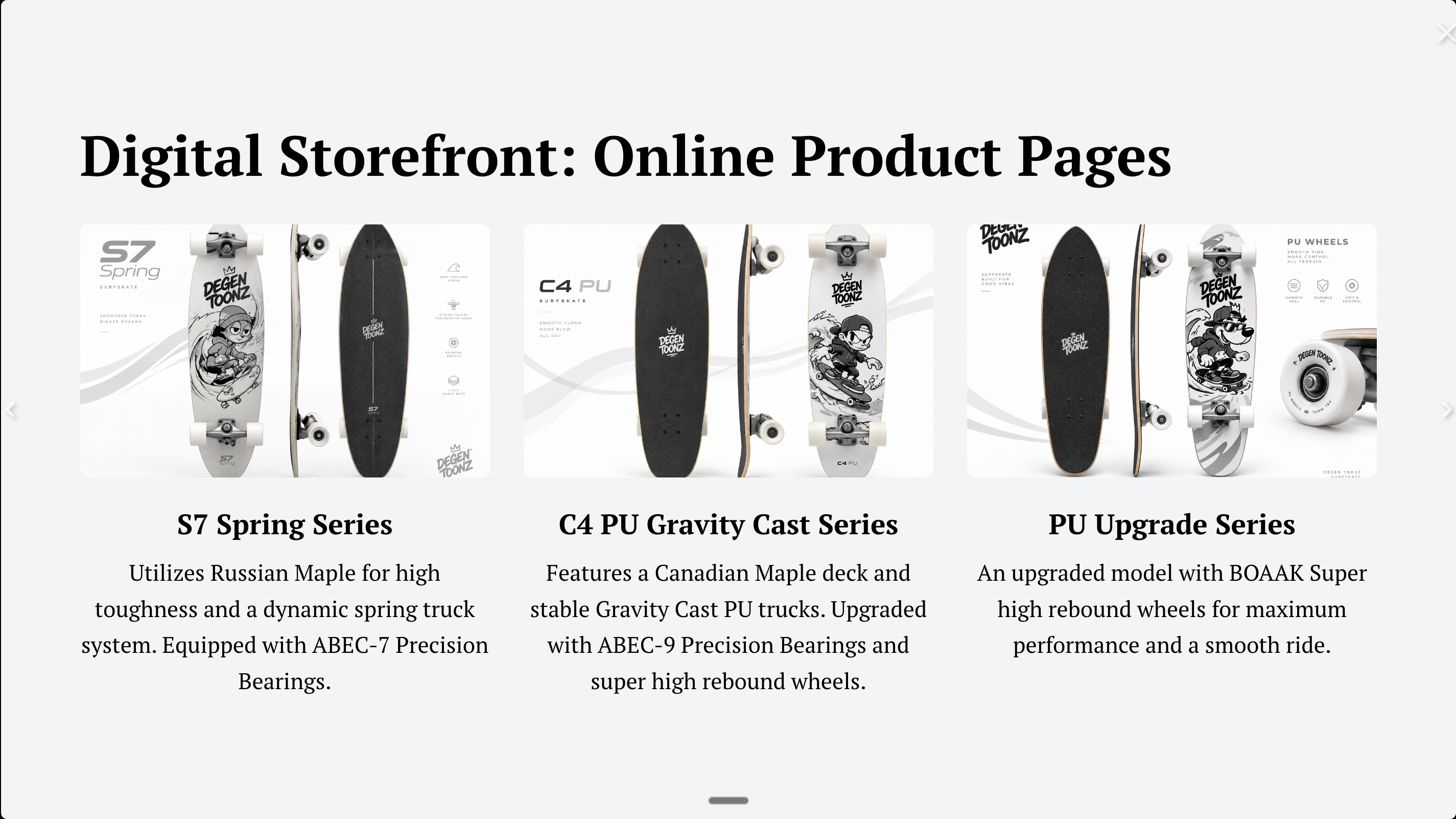 Slide titled Digital Storefront: Online Product Pages, showing three HIII skateboard deck product listings with specs.
