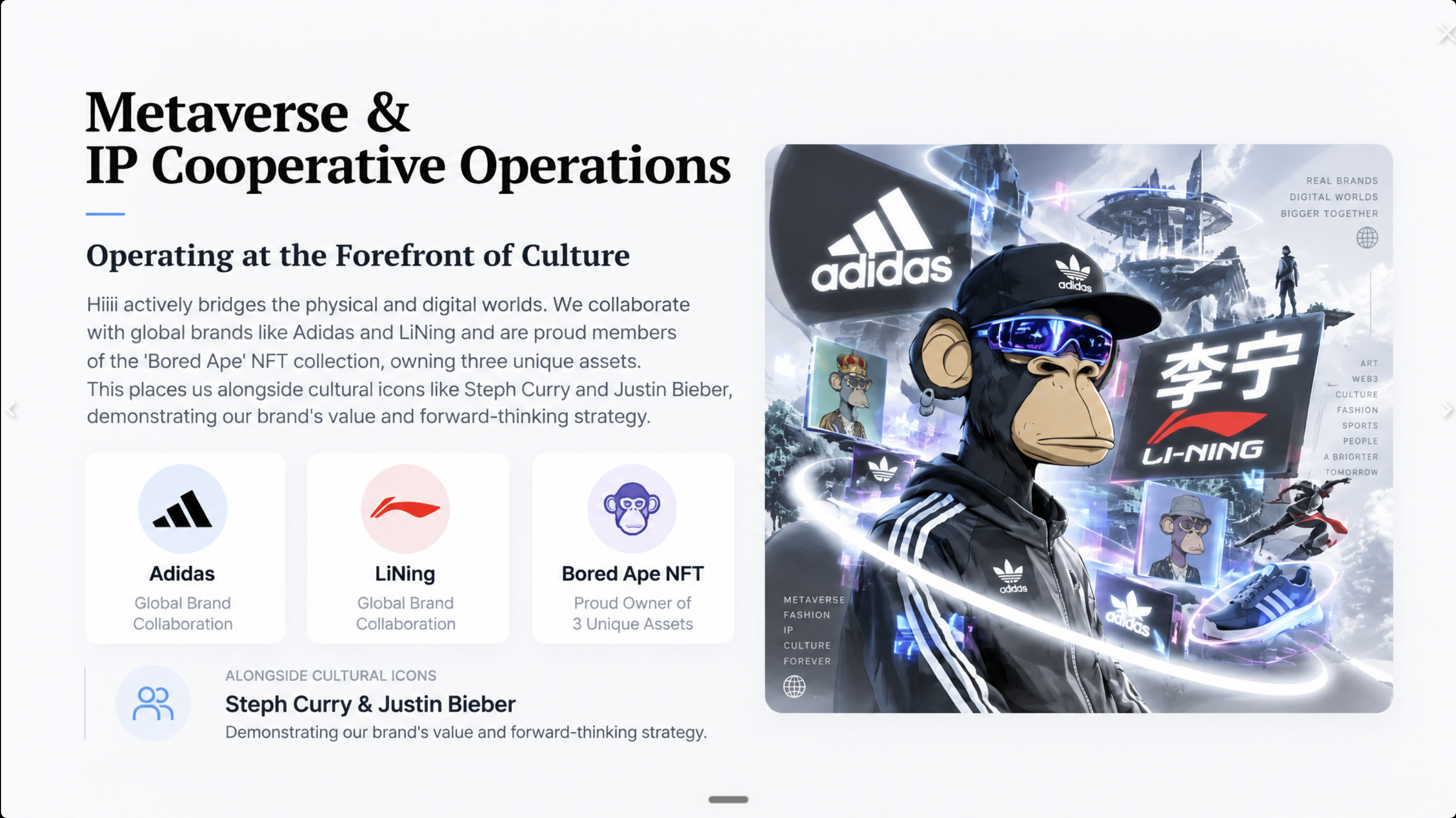 HIII pitch-deck slide, 'Metaverse & IP Cooperative Operations,' describing collaborations with Adidas and LiNing and ownership of Bored Ape NFT assets, alongside cultural icons Steph Curry and Justin Bieber.