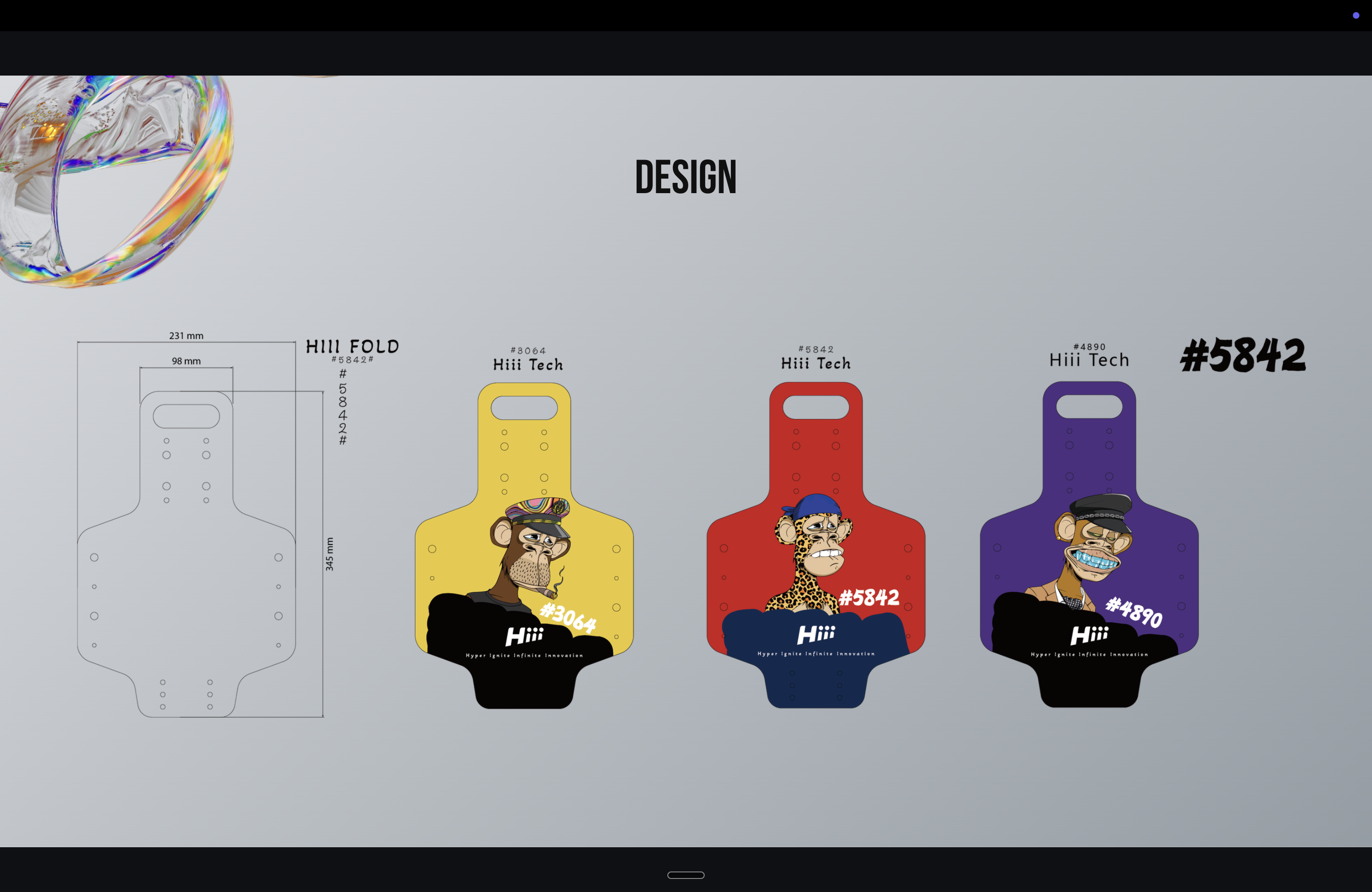 Design slide showing HIII Tech branded remote/tag hardware in three colorways with Bored Ape-style cartoon character illustrations.