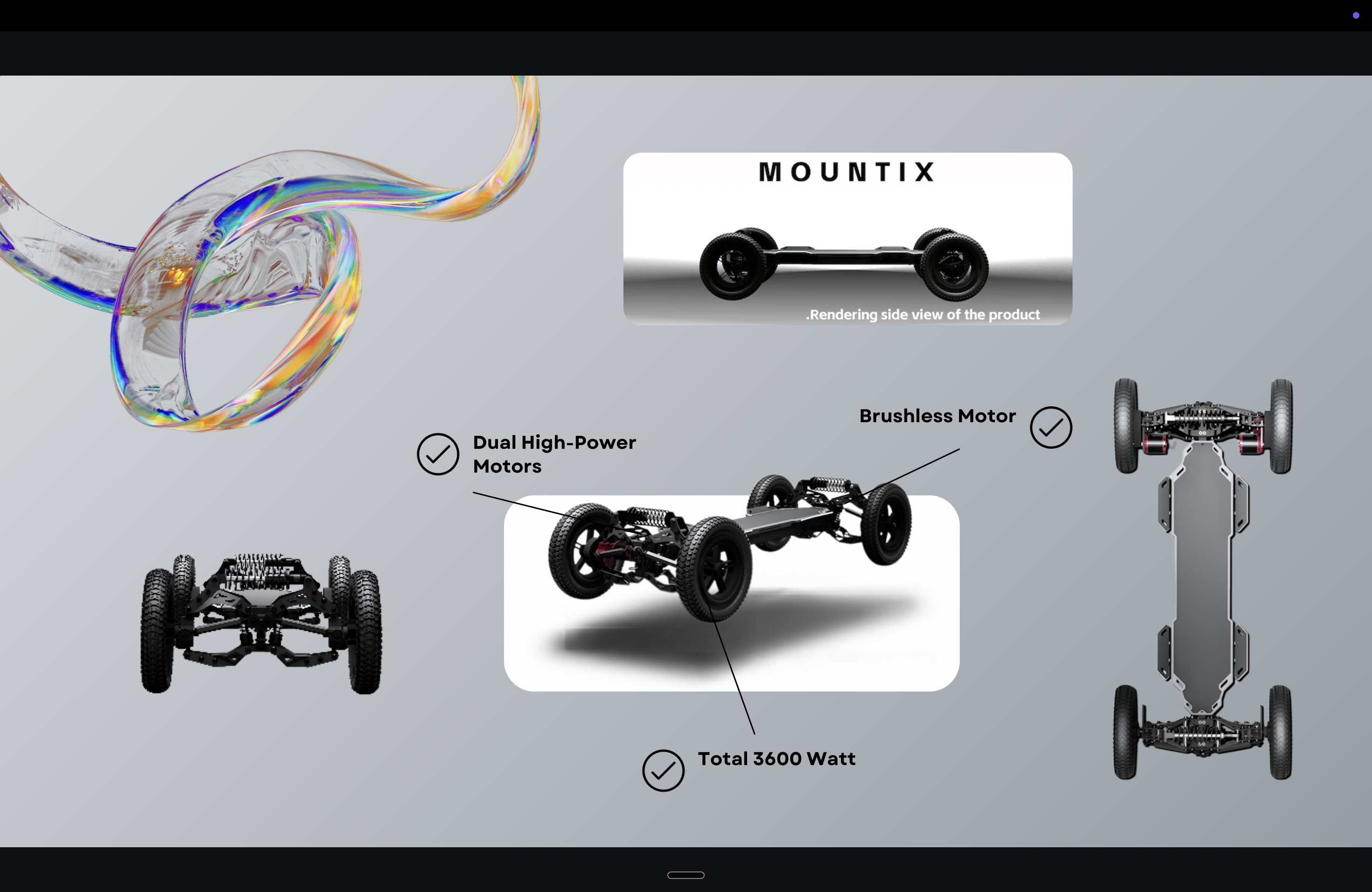 Draft layout slide for the Mountix launch, showing chassis renders annotated with dual high-power motors and total wattage callouts.